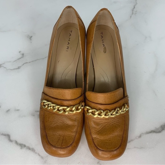 Tahari Chunky Heel Gold Chain Lulu Caramel Brown Loafers 9 - Picture 7 of 10